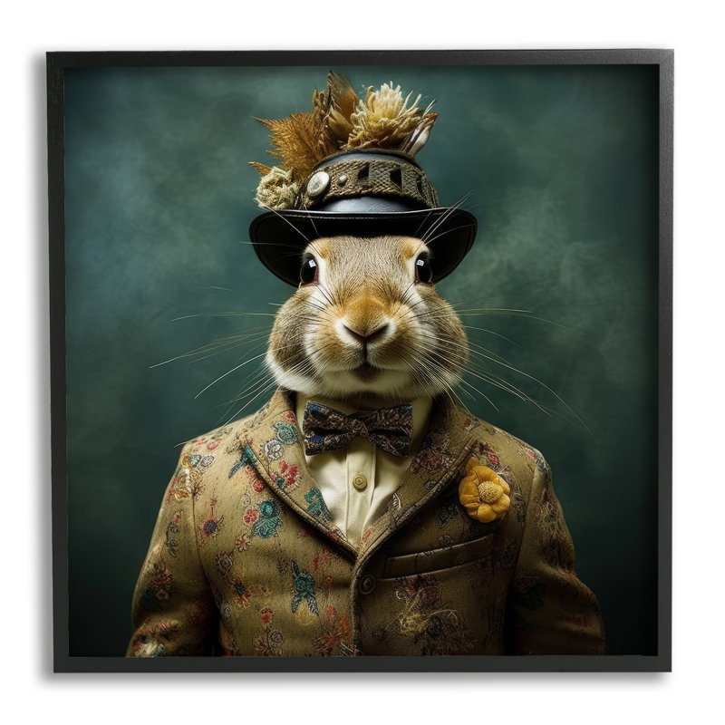 ba-923 - Reproduction encadrée d'un seul lapin encadré en costume rétro, Giclée encadrée noir minuit