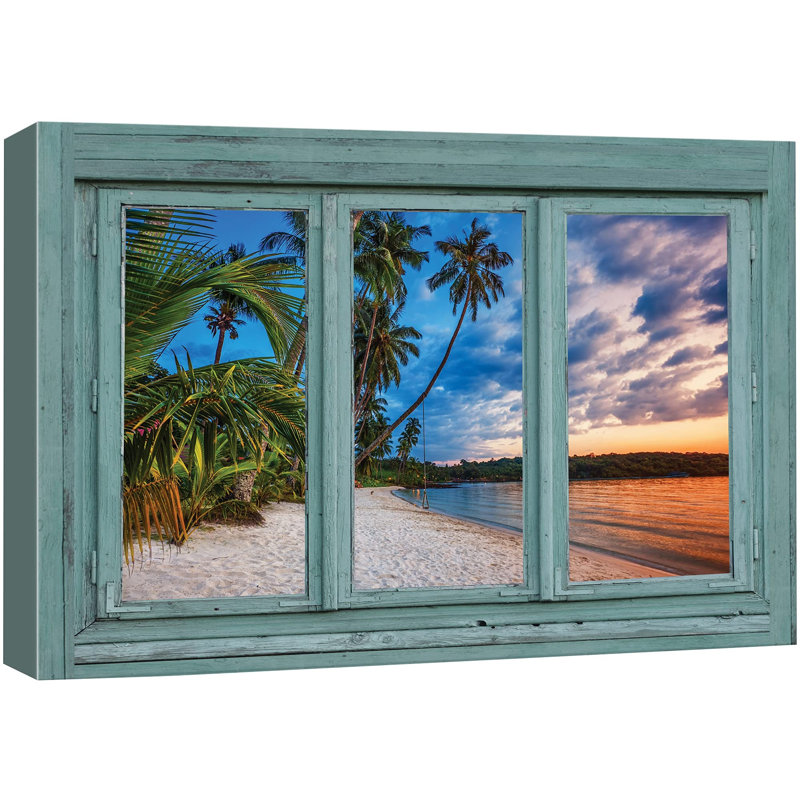 «Window View Palm Tree Paradise & Beach Sunset Nature Modern Art Rustic Scenic Ultra» sur toile