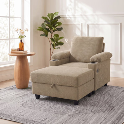 Ensemble de fauteuil d'appoint et repose-pieds, canapé-lit inclinable convertible avec porte-gobelets, ports USB-C et poche de rangement latérale