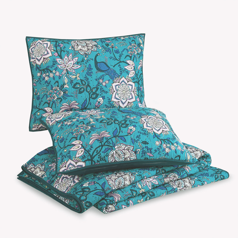 Turquoise Floral and Peacock King Microfiber Quilt Set