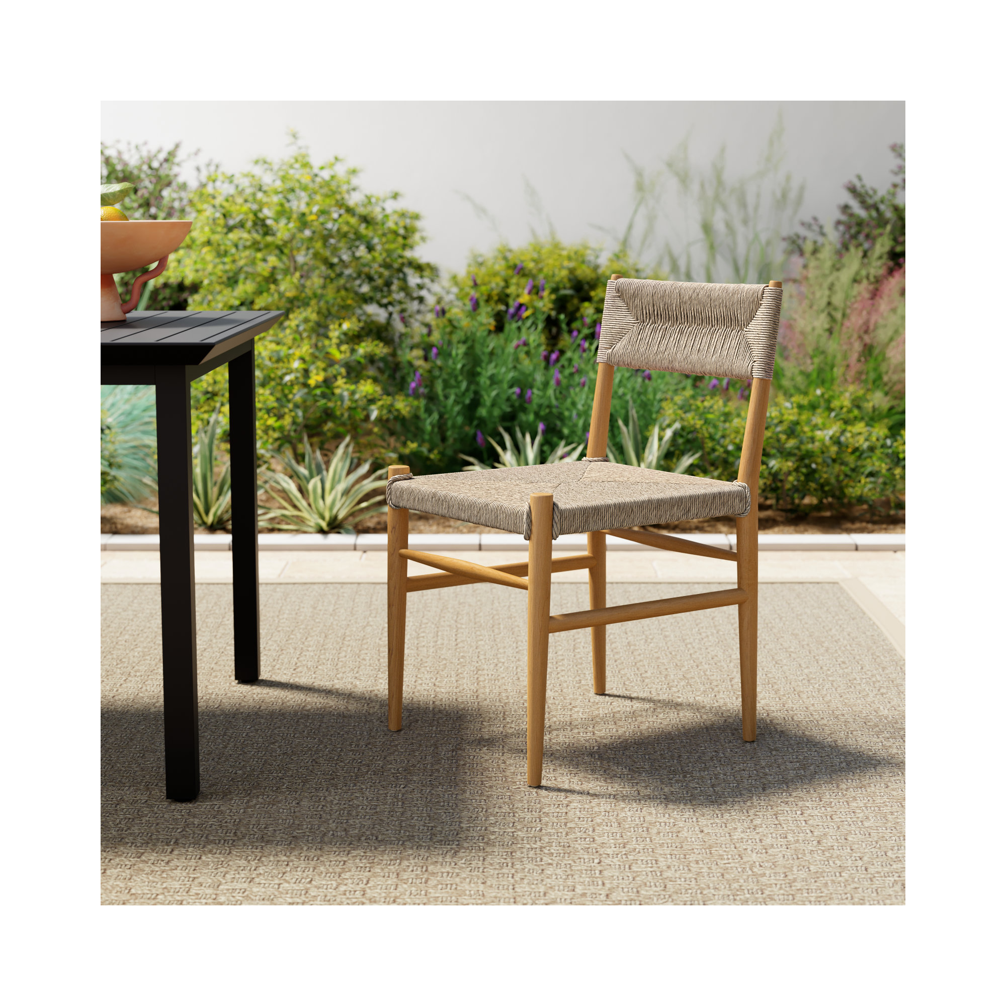 Dorita Wicker Premium All-Weather Wicker Outdoor Dining Side Chair, Vintage White/Natural Teak