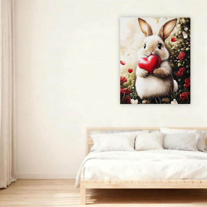 Lapin et cœur rétro, art mural 24 po x 36 po