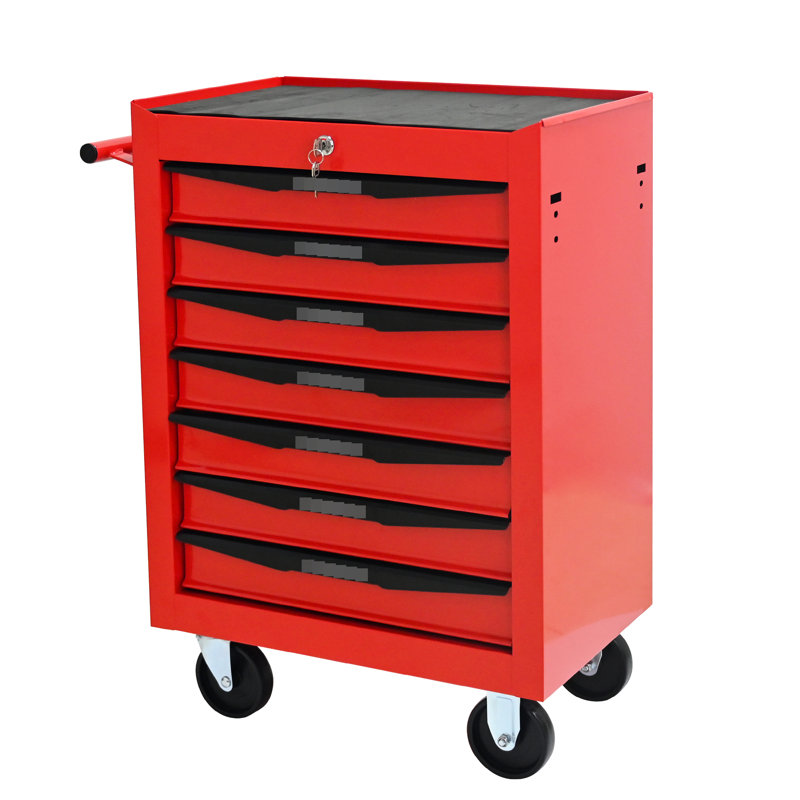 20 po, armoire à outils rouge et noire, 7 tiroirs, glissières à roulement, 4 roues universelles verrouillables, coffre de rangement à clé, verrouillé