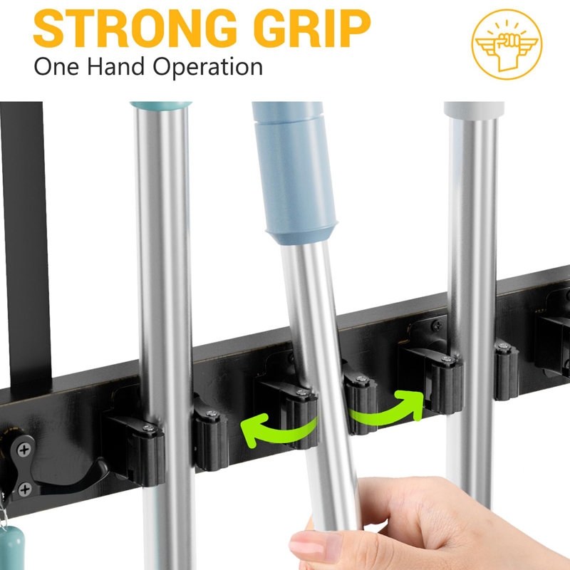 Wood Metal Broom Holder Door Mount, 4 Hooks & 4 Slots