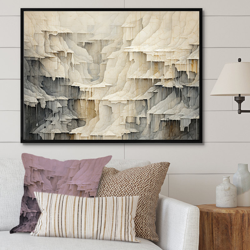 Chute d'eau beige et grise simple - Cascade, art mural, Cadre flottant noir, H 12 po x l 20 po x P 1 po