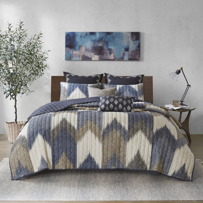 Courtepointe très grand / très grand - coton bleu marine, imprimé cassé, dos uni, taies décoratives assorties en coton, imprimé, 2 taies décoratives, revers