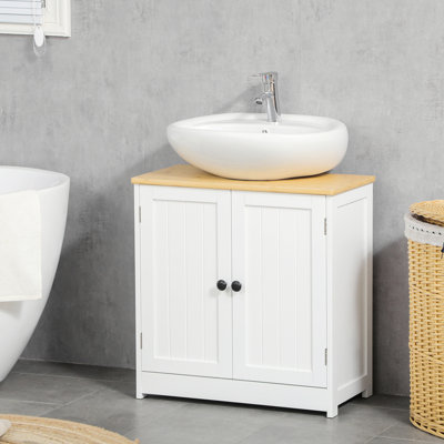 Armoire de salle de bain sous le lavabo, blanche avec portes doubles et tablette réglable pour un rangement mural efficace