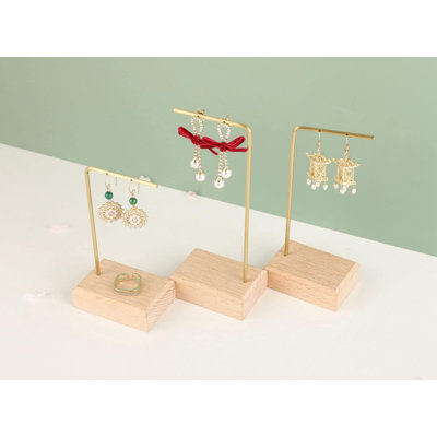 3Pcs Beech Wooden Dangle Earring Stand Holder, Hoop Earring Displays For Selling Jewelry, Mini Brass Earring Hanger