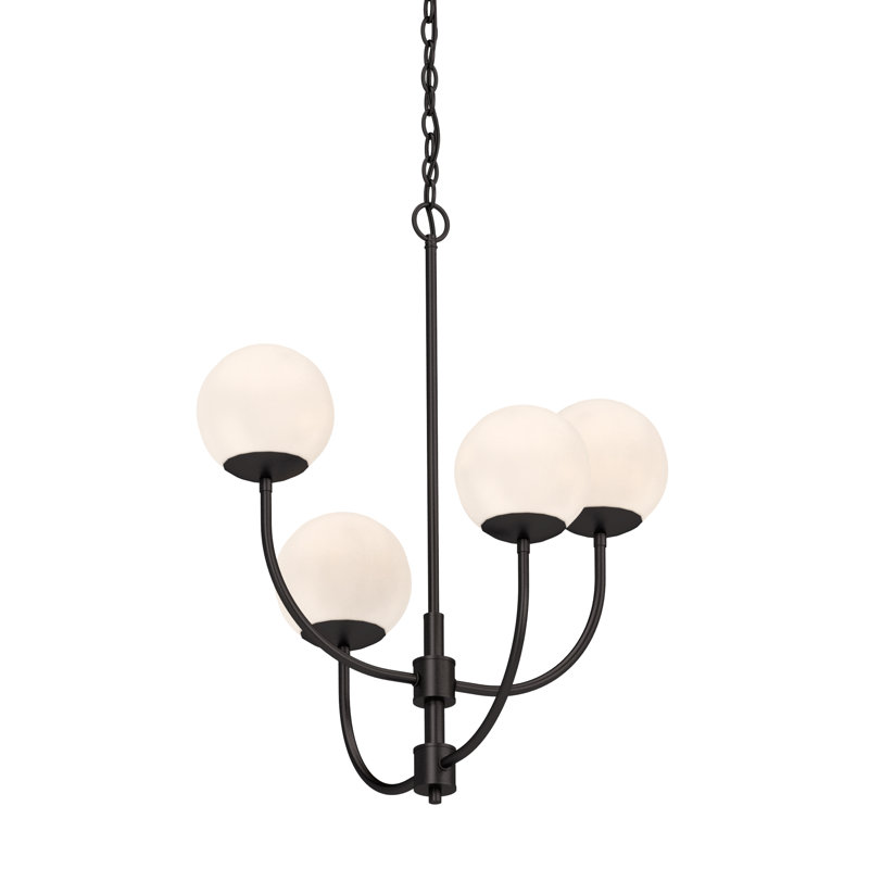  V2054-65 Lawrence 4-Light Foundry Bronze 4-Light Indoor Foundry Bronze Candle-Style Hanging Chandelier with Round/Sphere/Globe/Orb Etched White Cased Glass Shades