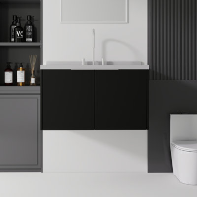 Meuble-lavabo flottant 36 po avec lavabo, porte à fermeture douce, comptoir et dosseret en granite blanc cultivé 2 po, contreplaqué, noir