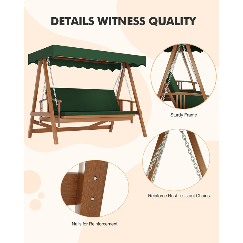 Green Wooden 3-Seater Patio Swing with Adjustable Canopy and Removable Cushion