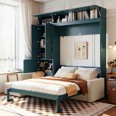 Grand lit avec rangement, panneau, beige, tout-en-un pour les petits espaces, support de matelas confortable, murs de construction pratiques, structure