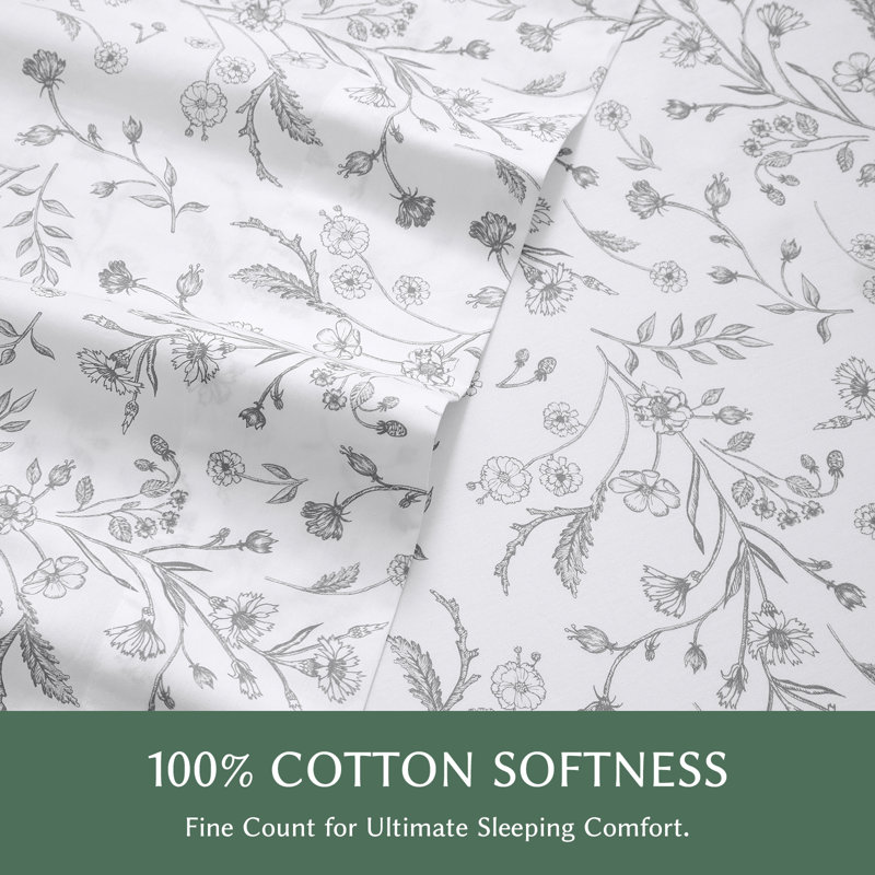 100% Cotton Floral Bed Sheets Queen/King Sheet Set, King Sheet Set with 2 Pillowcases, Light Gray Floral