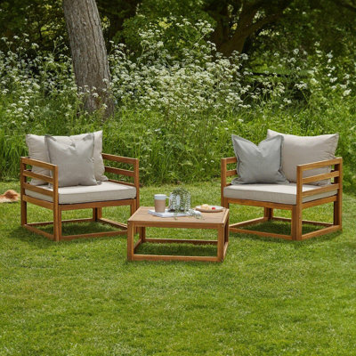 Rowan Wooden Garden 2 Armchairs & Coffee Table - Natural