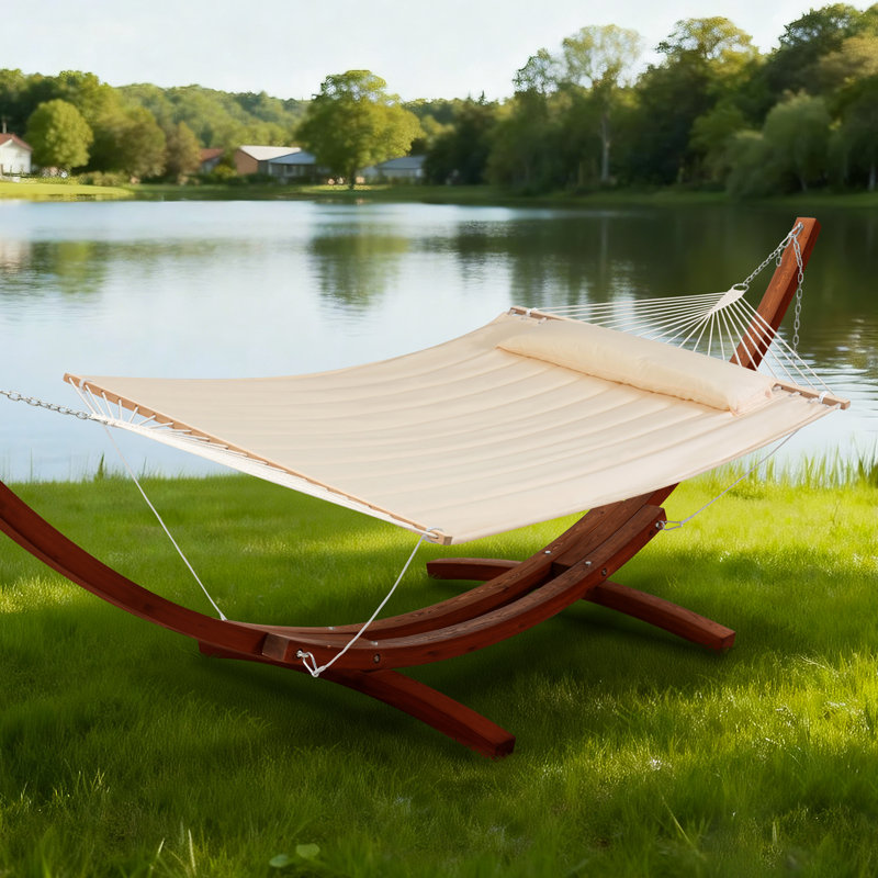 Hamac double à barre d'écartement avec support en bois, Black