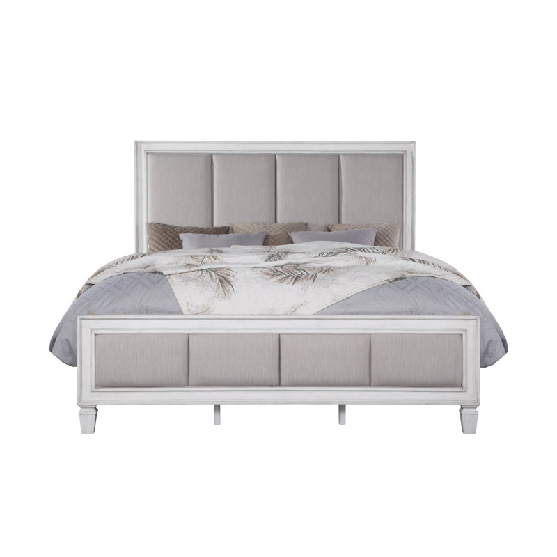 Grand lit Katia en lin gris clair, gris rustique et blanc vieilli