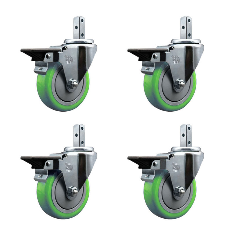 Ensemble de roulettes à tige pivotante carrée en poly 4 pouces 4 pouces avec frein SCC, Vert
