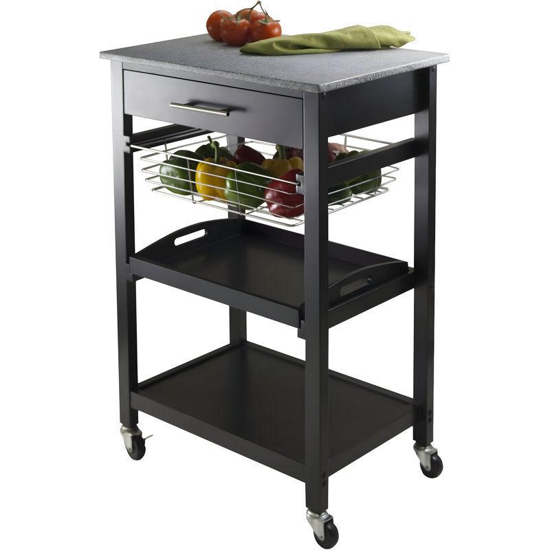 Utility Cart With Granite Top, Foldable Metal Basket, And Removable Tray For Versatile Storage