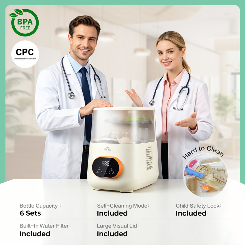 SNDOAS Laveuse-sécheuse à vapeur pour biberons, machine de nettoyage tout-en-un pour les pièces de la pompe de la bouteille et les articles essentiels pour bébé