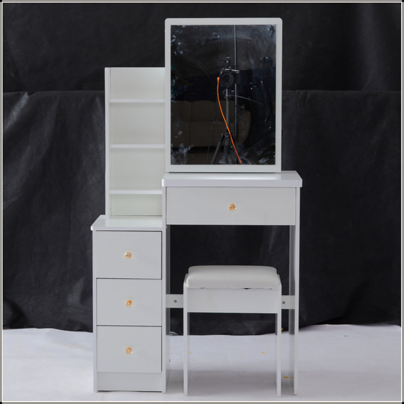 Small Size Left Bedside Cabinet Vanity Table + Cushioned Stool, Extra Large Sliding Mirror, Multi Layer, High Capacity Storage Fashionable Dresser, Suitable For Small Space, EPA,GCC,UL Certificate