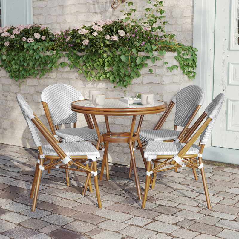 Rylan Indoor/Outdoor Commercial Bistro Set with Table and Four Chairs, Brown/Gray