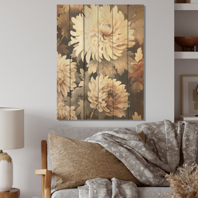 «Vintage Chrysanthemums Symphony I», art mural sur bois de pin naturel
