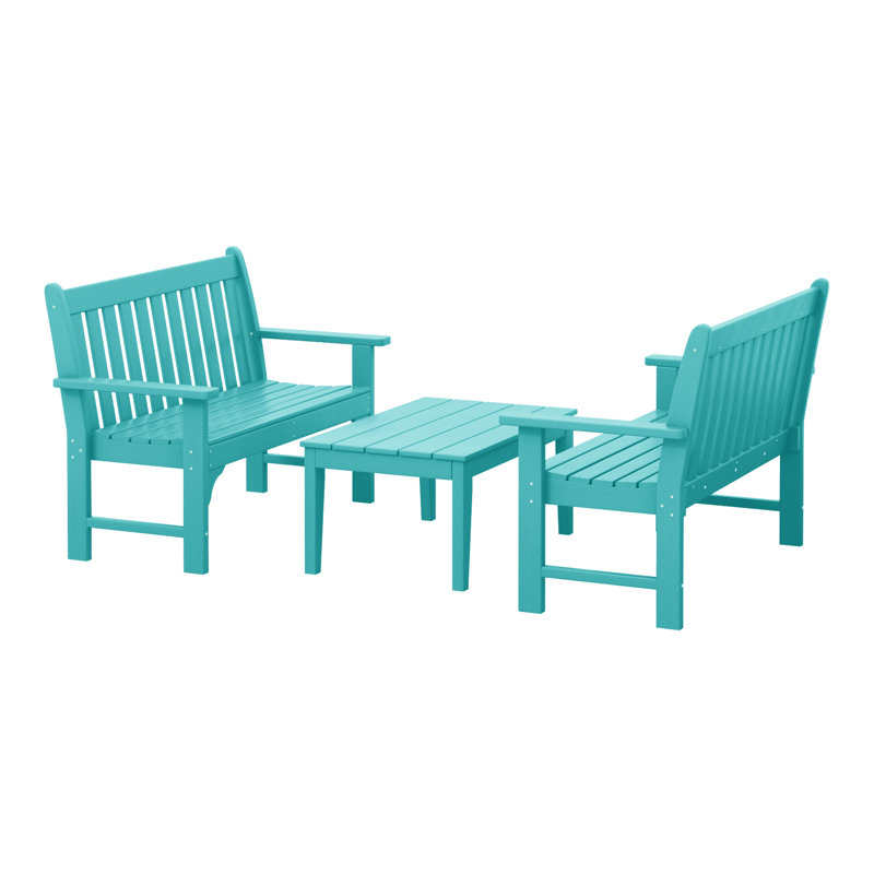 Laguna Poly 3-Piece Bench With Coffee Table, Teal