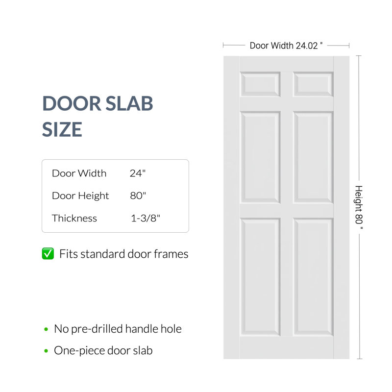 Panneau de porte intérieur 24 po x 80 po à 6 panneaux en bois apprêté, conception traditionnelle, 24 po x 80 po