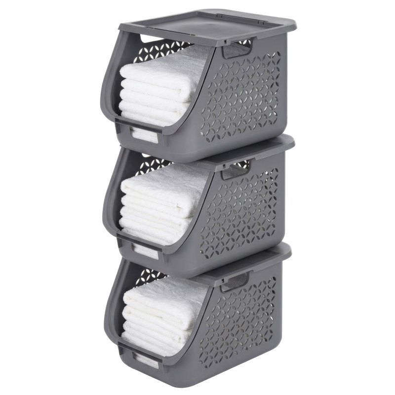Stacking Laundry Basket, Gray (3-Pack)