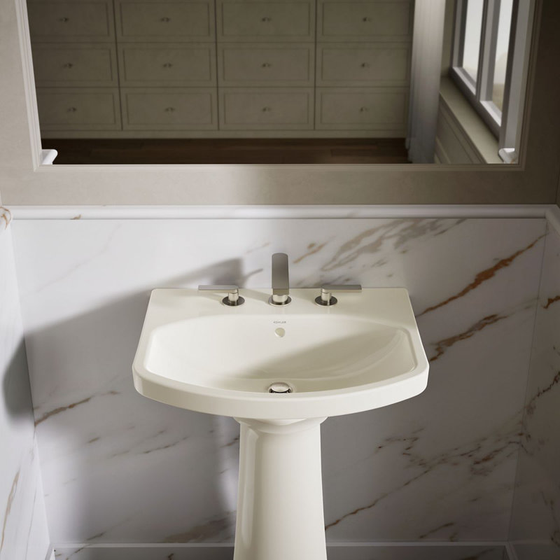 Cimarron® 26.81" Vitreous China U-Shape Pedestal Bathroom Sink with Overflow, White, 8'' Centers