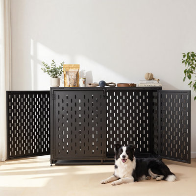 Cage pour chien, meuble d'intérieur robuste de 107 cm (42 pouces) pour chiens de petite et moyenne taille, cage décorative en acier avec table d'appoint, 3 portes, plateau amovible et verrous anti-fugue, noir