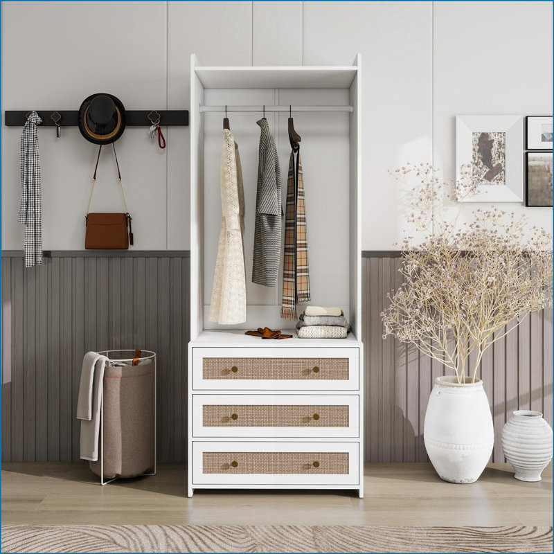 Commodes et amp; Garde-robe, armoire haute à 3 tiroirs avec façade en rotin et amp; Tige suspendue | Blanc | Panneau de particules et panneau de fibres à densité moyenne