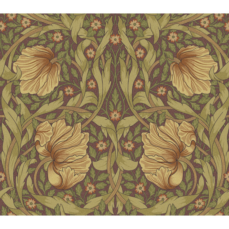 Papier peint à volutes botanique rétro vert et brun clair, Peel and Stick