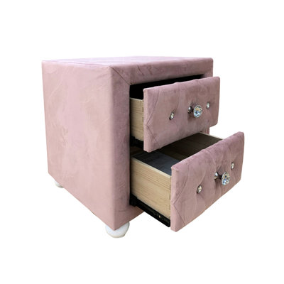 Table de chevet rembourrée en tissu rose - 2 tiroirs, structure en bois franc d'ingénierie, poignées, tiroir à pieds blancs en bois tropical à l'intérieur,
