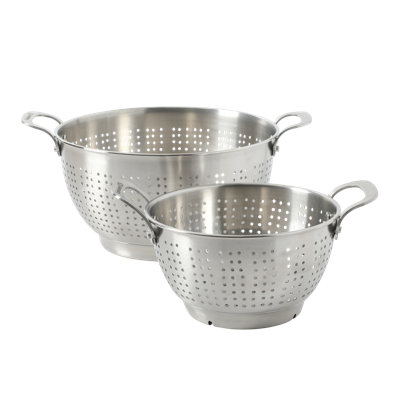Calphalon Astro Colander Set, 2-Piece Stainless Steel Colander and Strainer, 5 QT & 1.5 QT Pasta Strainer with Handles, Matte Finish Kitchen Colander, Silver