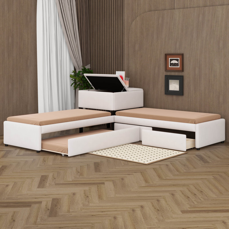 Lit plateforme tapissier en bois en forme de L avec un lit gigogne, 2 tiroirs et un bureau encastré en bois