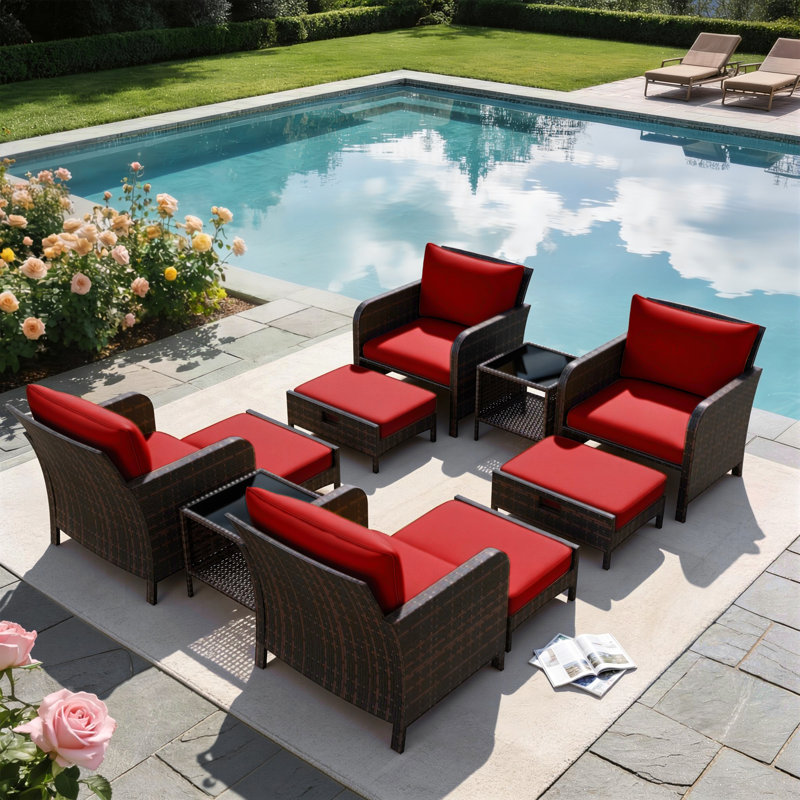 5-Piece Patio Conversation Set, Outdoor PE Wicker Rattan Lounge Chairs with Cushions, 2 Ottomans & Glass Table for Balcony & Porch
