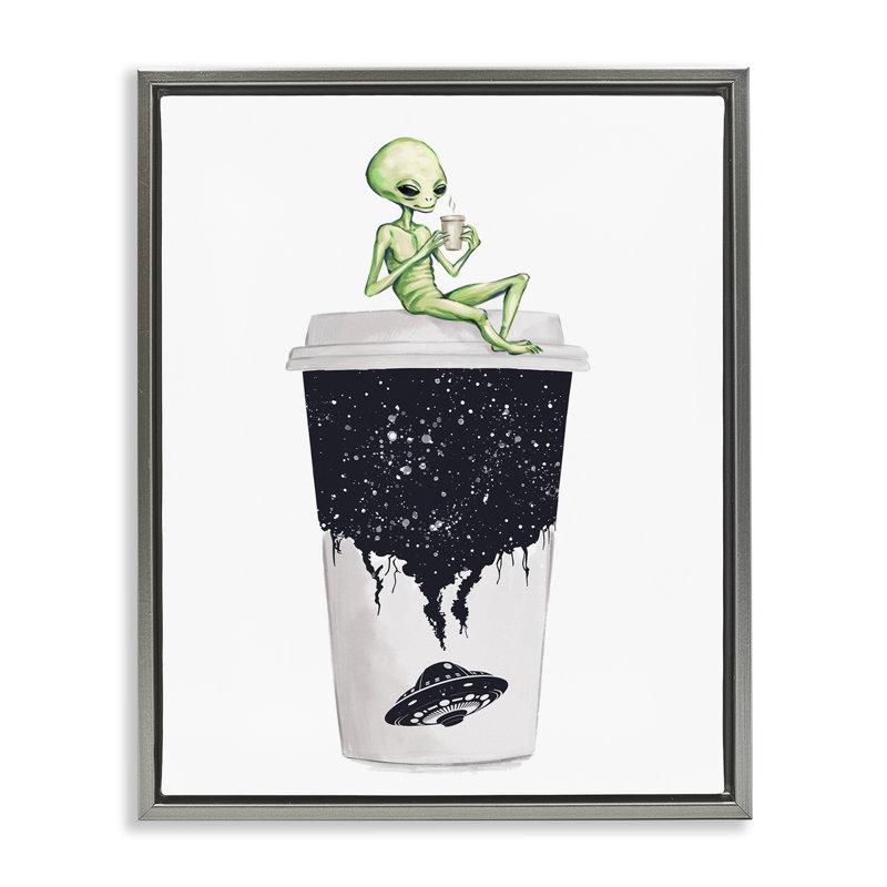 "Alien & Coffee Cup", art mural encadré par Ziwei Li, Cadre flottant gris lustré, H 21 po x l 17 po