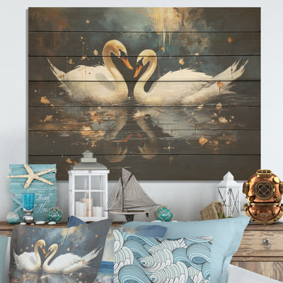 Cygnes blancs Harmony Moonlight Pond III - cygne sur bois