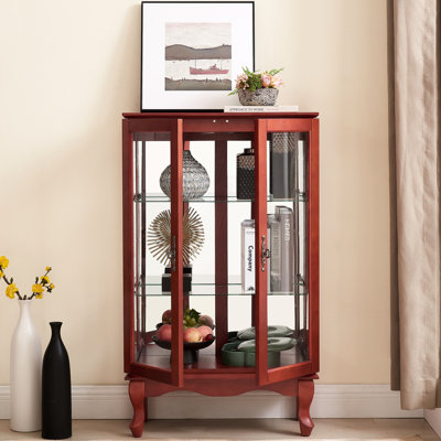 Vitrine 2 portes avec verre trempé et dossier en miroir, tablettes réglables, cerisier, éclairée, rehaussant la stabilité de la maison et rangement à 3 tablettes, présentoir intérieur éclairé, utilisation au bureau