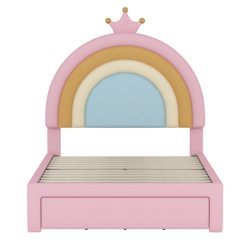 Lit tapissier design arc-en-ciel, lit plateforme en velours avec tiroir de rangement, aucun sommier nécessaire, coloré et rose