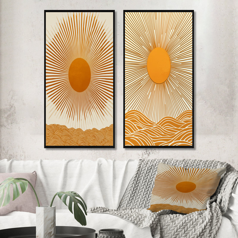 Mid-Century orange soleil imprimé III - ensemble abstrait d'art mural Mid-Century 2 pièces, H 40 po x l 40 po