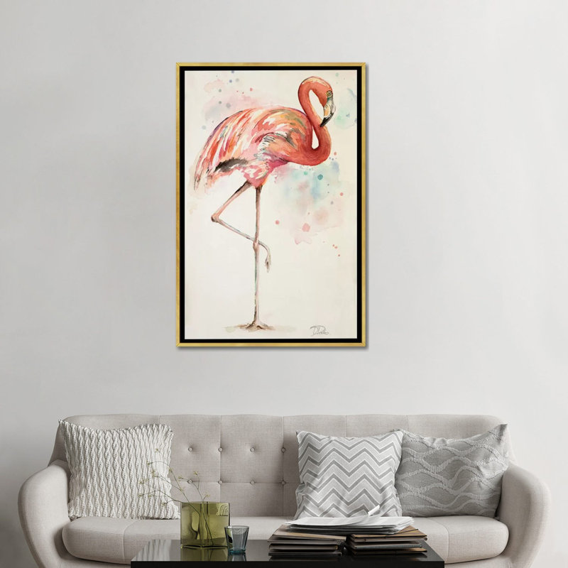 Reproduction d’art, "Flamingo II" par Patricia Pinto, Pas de tapis, H 48 po x l 32 po x P 1,5 po, Toile encadrée d'or