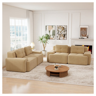 Set of 2 Modular Double-Seat Sofas, Camel Corduroy Upholstered Loveseats for Flexible Living Room Arrangements