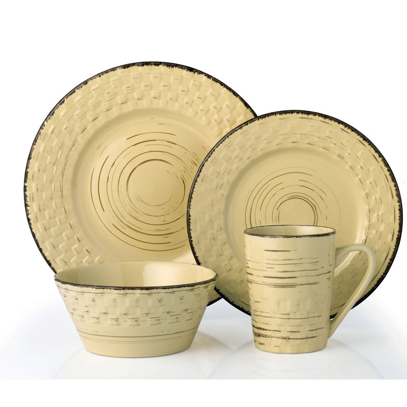 Service de vaisselle à motif de tissage patiné pour quatre personnes de seize articles de Lorren Home Trends, Bouton d'or