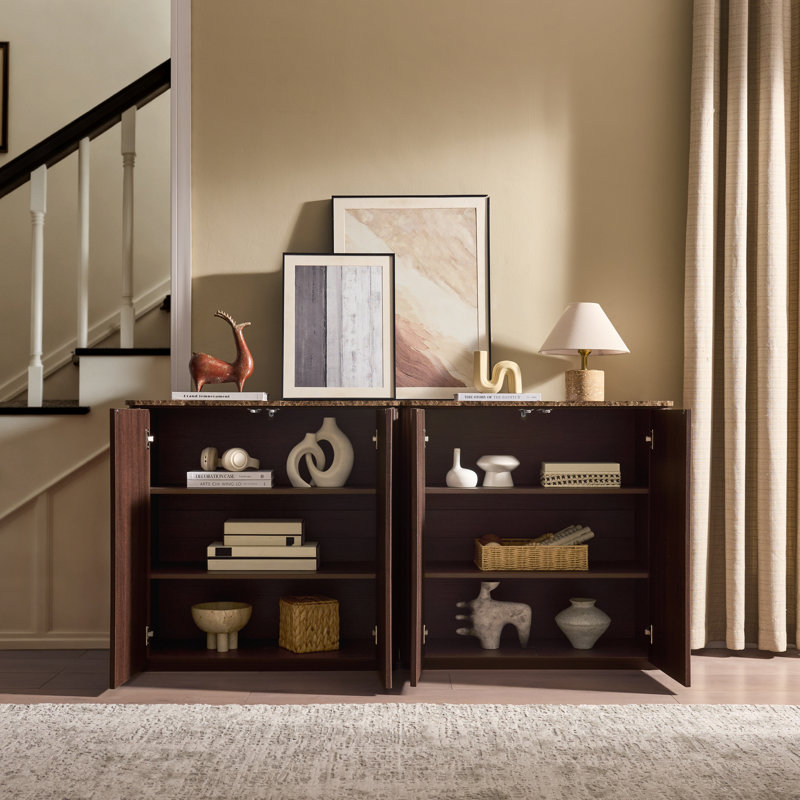 34.4"W Fluted Sideboard with Faux Marble Top & 1.97" Thick Side Panels, 2-Door Buffet Cabinet, Oak