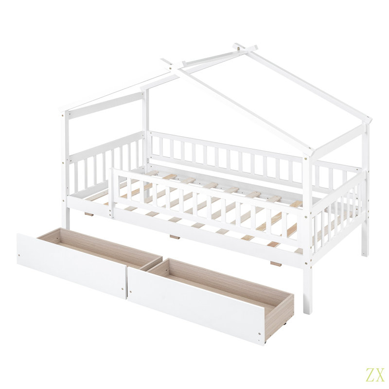 Lit simple en bois avec deux tiroirs, Blanc