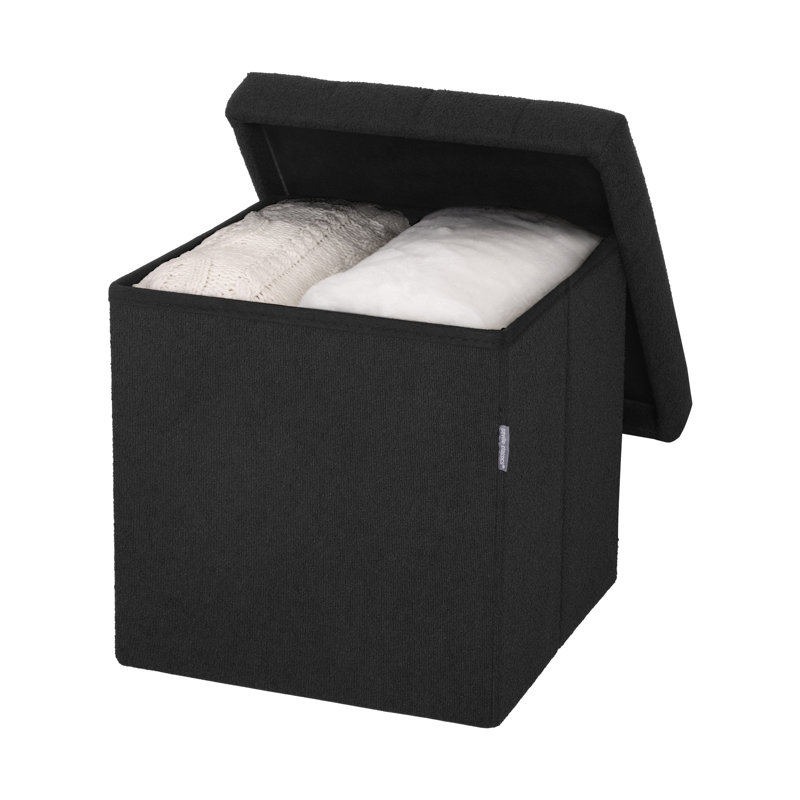 15.7" Upholstered Ottoman with Storage, Black Boucle