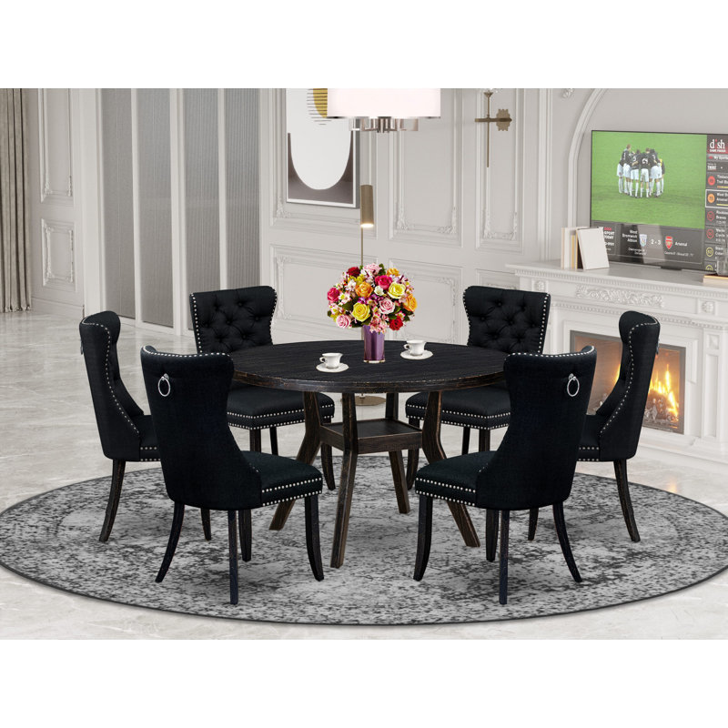 L'ensemble de salle à manger moderne 7 pièces se compose d'une table en bois et de 6 chaises modernes en tissu de polyester noir avec dossier capitonné - Noir sablé