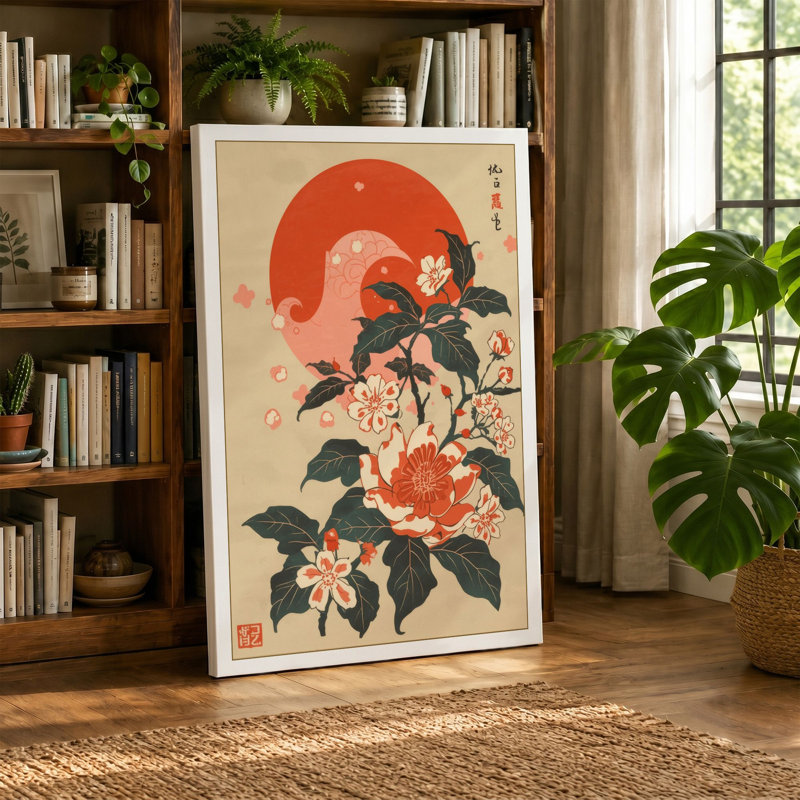 Spider Among Blooms Japandi - Wrapped Canvas, 36x24 - 91.4 x 61.0 cm, Taupe Border